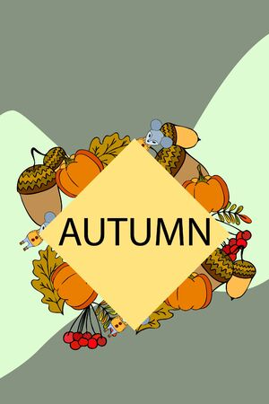 Autumn card with cartoon mouse, autumn leaves, pumpkins. Vector illustration.のイラスト素材