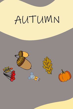 Autumn card with cartoon mouse, autumn leaves, pumpkins. Vector illustration.のイラスト素材