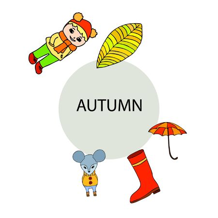 Postcard with cute cartoon girl, umbrella and mouse. Rainy weather. Falling leaves. Vector image.のイラスト素材
