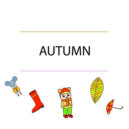 Postcard with cute cartoon girl, umbrella and mouse. Rainy weather. Falling leaves. Vector image.のイラスト素材