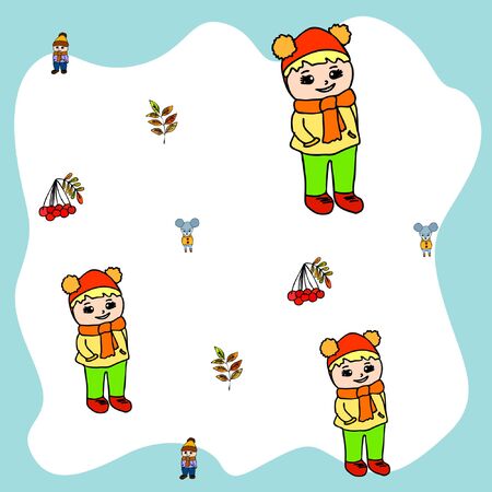 Cute children meeting autumn wearing warm clothes. Vector backgroundのイラスト素材