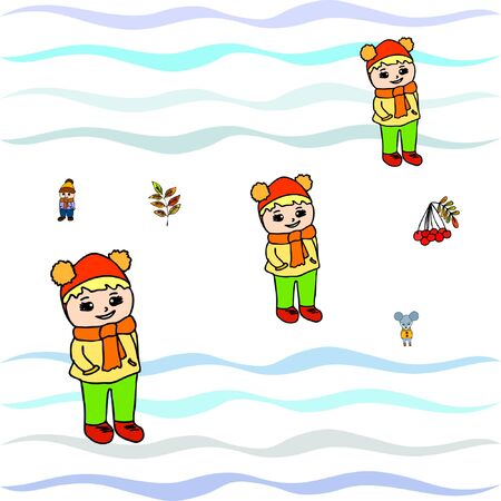 Cute children meeting autumn wearing warm clothes. Vector backgroundのイラスト素材