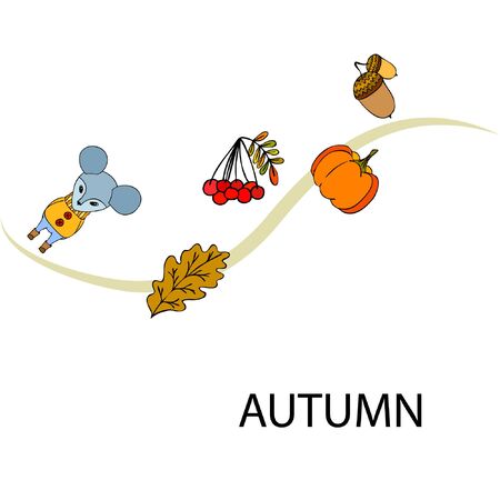 Autumn card with cartoon mouse, autumn leaves, pumpkins. Vector illustration.のイラスト素材