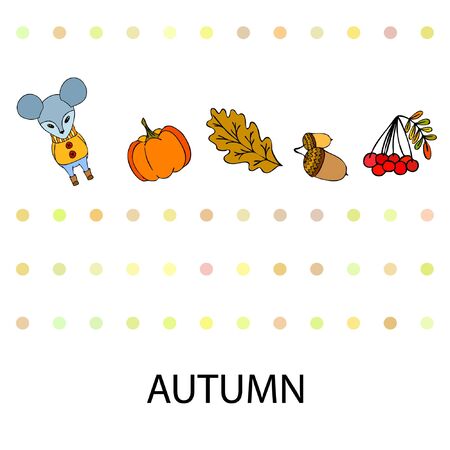 Autumn card with cartoon mouse, autumn leaves, pumpkins. Vector illustration.のイラスト素材
