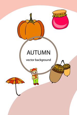 Autumn card with a girl, an umbrella pumpkin acorns and jam.のイラスト素材