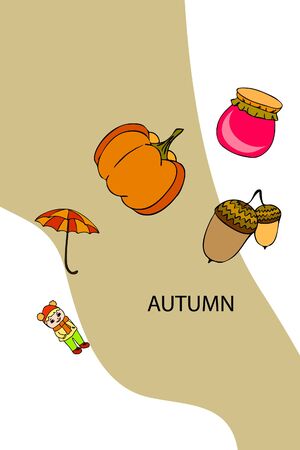 Autumn card with a girl, an umbrella pumpkin acorns and jam.のイラスト素材