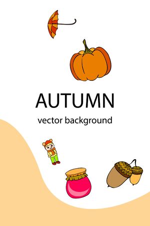 Autumn card with a girl, an umbrella pumpkin acorns and jam.のイラスト素材