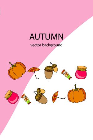 Autumn card with a girl, an umbrella pumpkin acorns and jam.のイラスト素材