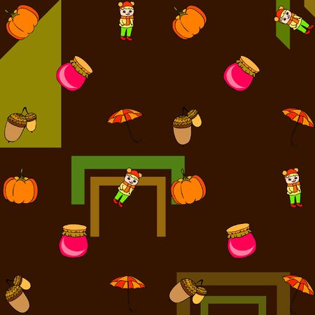 Autumn card with a girl, an umbrella pumpkin acorns and jam.のイラスト素材