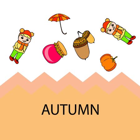 Autumn card with a girl, an umbrella pumpkin acorns and jam.のイラスト素材