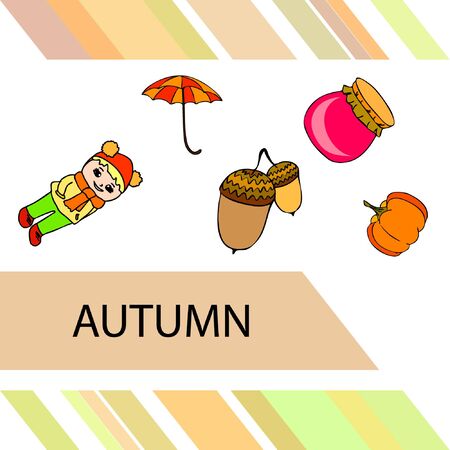 Autumn card with a girl, an umbrella pumpkin acorns and jam.のイラスト素材
