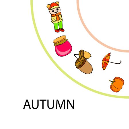 Autumn card with a girl, an umbrella pumpkin acorns and jam.のイラスト素材