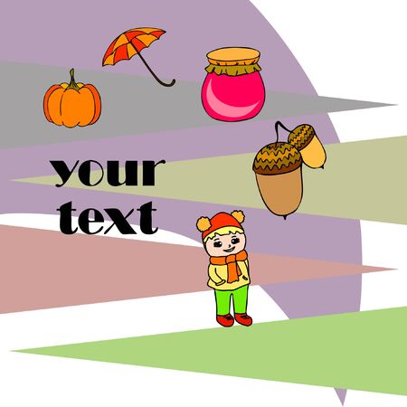 Autumn card with a girl, an umbrella pumpkin acorns and jam.のイラスト素材