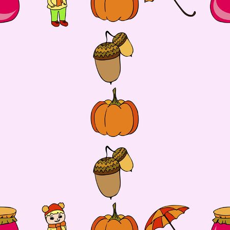 Autumn card with a girl, an umbrella pumpkin acorns and jam.のイラスト素材