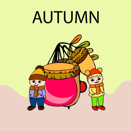 kids,boys and girls on a autumn background, illustration, vectorのイラスト素材