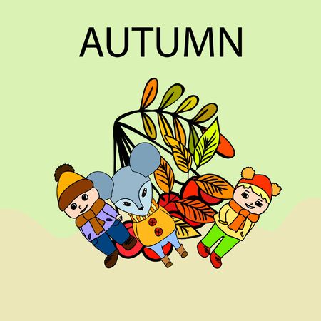 Cute children meeting autumn wearing warm clothes. Vector backgroundのイラスト素材