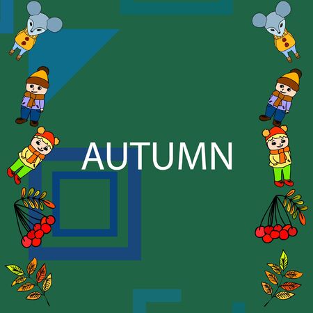 Cute children meeting autumn wearing warm clothes. Vector backgroundのイラスト素材