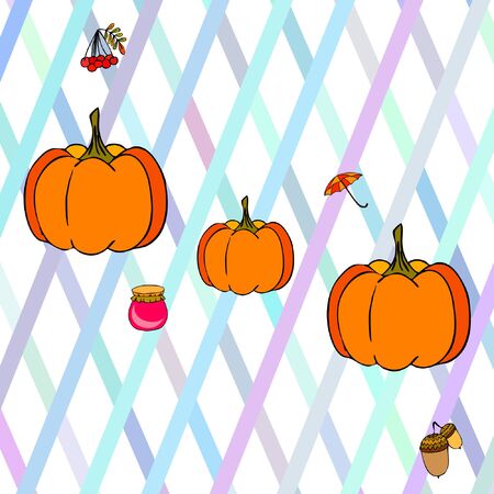 Vector of Autumn, Fall season theme, pumpkin, jam, umbrella. Set of cute colorful icon collection. Vector backgroundのイラスト素材