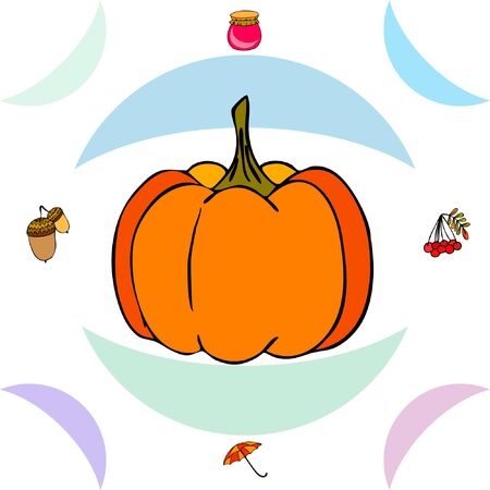Vector of Autumn, Fall season theme, pumpkin, jam, umbrella. Set of cute colorful icon collection. Vector backgroundのイラスト素材
