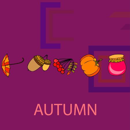 Vector of Autumn, Fall season theme, pumpkin, jam, umbrella. Set of cute colorful icon collection. Vector backgroundのイラスト素材