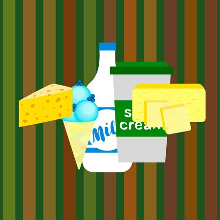 Milk, sour, cheese, ise, cream, butter. Vector illustration of dairy products.のイラスト素材