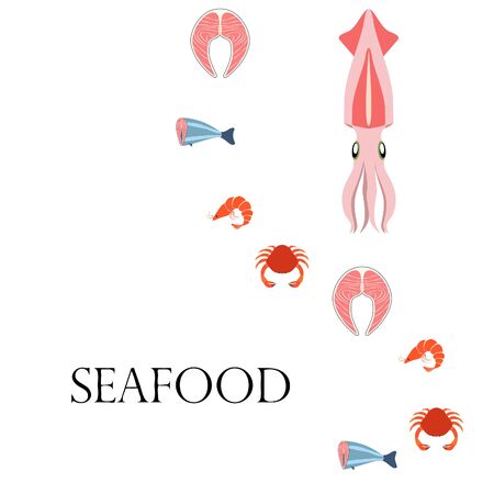 Fish shrimp crab squid. Vector seafood. Food and restaurant design.のイラスト素材