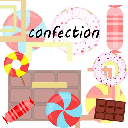 Different sweets colorful background. Lollipops, chocolate bar, candies, donut, vector background.のイラスト素材
