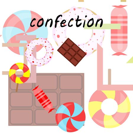 Different sweets colorful background. Lollipops, chocolate bar, candies, donut, vector background.のイラスト素材