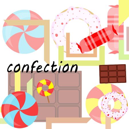 Different sweets colorful background. Lollipops, chocolate bar, candies, donut, vector background.のイラスト素材
