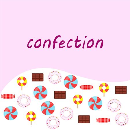 Different sweets colorful background. Lollipops, chocolate bar, candies, donut, vector background.のイラスト素材