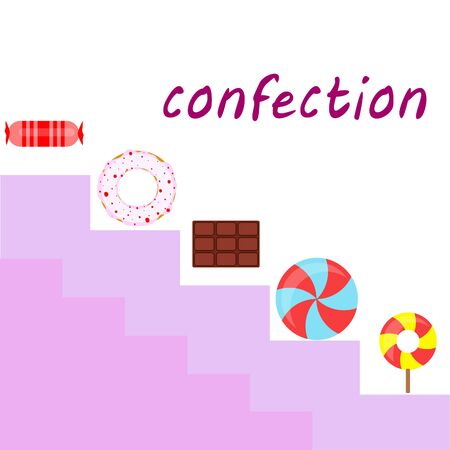 Different sweets colorful background. Lollipops, chocolate bar, candies, donut, vector background.のイラスト素材