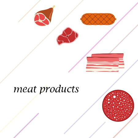 Fresh meat products. Bacon steak whole leg sausage. Meat icons. Vector image.のイラスト素材