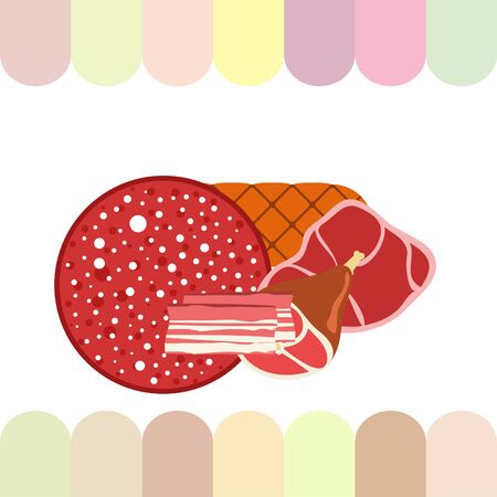 Fresh meat products. Bacon steak whole leg sausage. Meat icons. Vector image.のイラスト素材