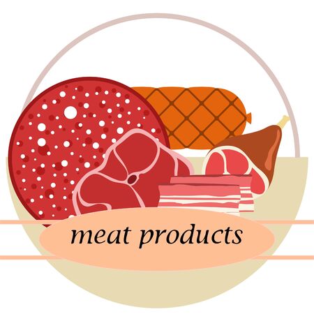 Fresh meat products. Bacon steak whole leg sausage. Meat icons. Vector image.のイラスト素材