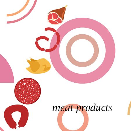 The concept of farming meat products. Chicken, whole leg, sausage. Meat icons. Vector image.のイラスト素材