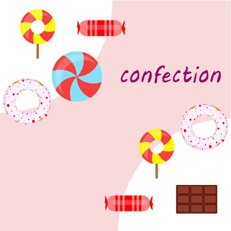 Different sweets colorful background. Lollipops, chocolate bar, candies, donut, vector background.のイラスト素材