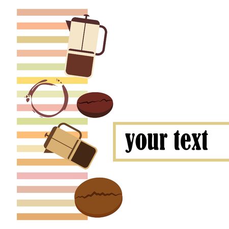 French press coffee, coffee beans, spilled coffee, vector illustration. Design elements for a cafe. Vector background.のイラスト素材
