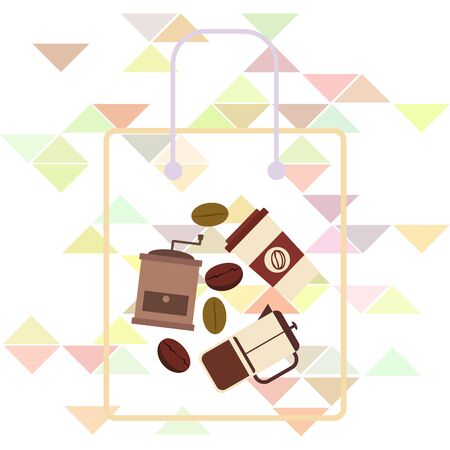 French press coffee, coffee beans, spilled coffee, vector illustration. Design elements for a cafe. Vector background.のイラスト素材