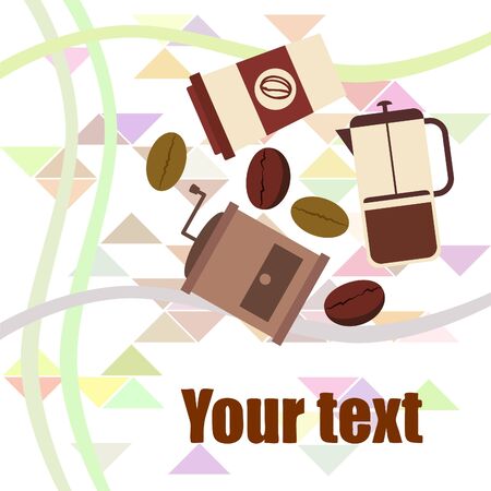 French press coffee, coffee beans, spilled coffee, vector illustration. Design elements for a cafe. Vector background.のイラスト素材