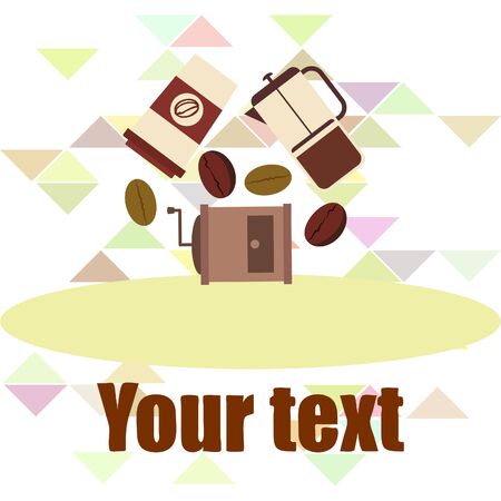 French press coffee, coffee beans, spilled coffee, vector illustration. Design elements for a cafe. Vector background.のイラスト素材