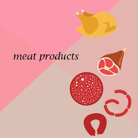 The concept of farming meat products. Chicken, whole leg, sausage. Meat icons. Vector image.のイラスト素材