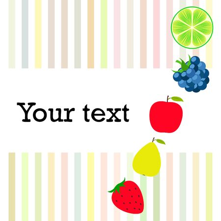 Fruits and berries. Colorful cartoon fruit icons: apple, pear, blackberry, strawberry, lime. Vector background.のイラスト素材