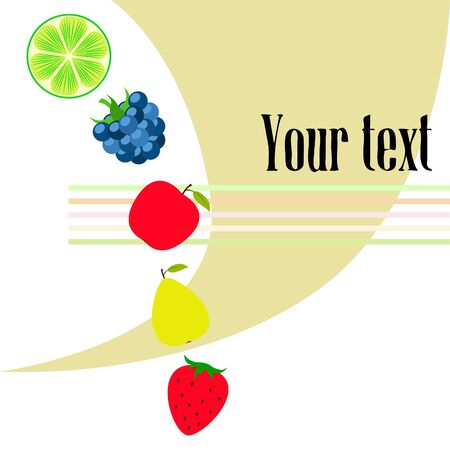 Fruits and berries. Colorful cartoon fruit icons: apple, pear, blackberry, strawberry, lime. Vector background.のイラスト素材
