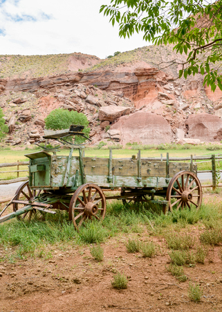 Antique wagon cart in Fruita, Capitol Reef National Park, Utahの写真素材
