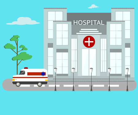 Hospital and ambulance in flat design.のイラスト素材