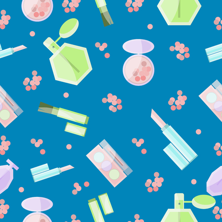 Seamless pattern with cosmetic products, make up and perfume, in flat design, on blue backgroundのイラスト素材