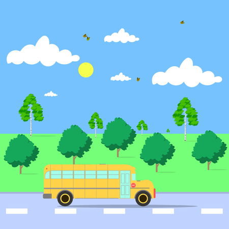 Illustration of school bus on road, with nature backgroundのイラスト素材