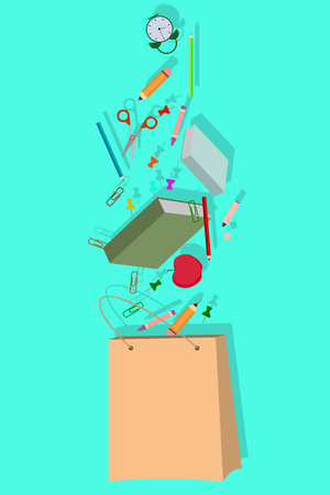 Shopping bag with school supplies. Back to school. Item for education.のイラスト素材