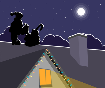 Silhouette of Santa Claus with presents on the roof at nightのイラスト素材