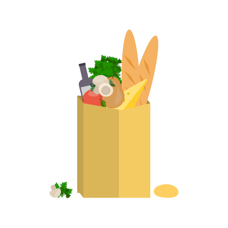 Paper bag with food, flat design object.のイラスト素材